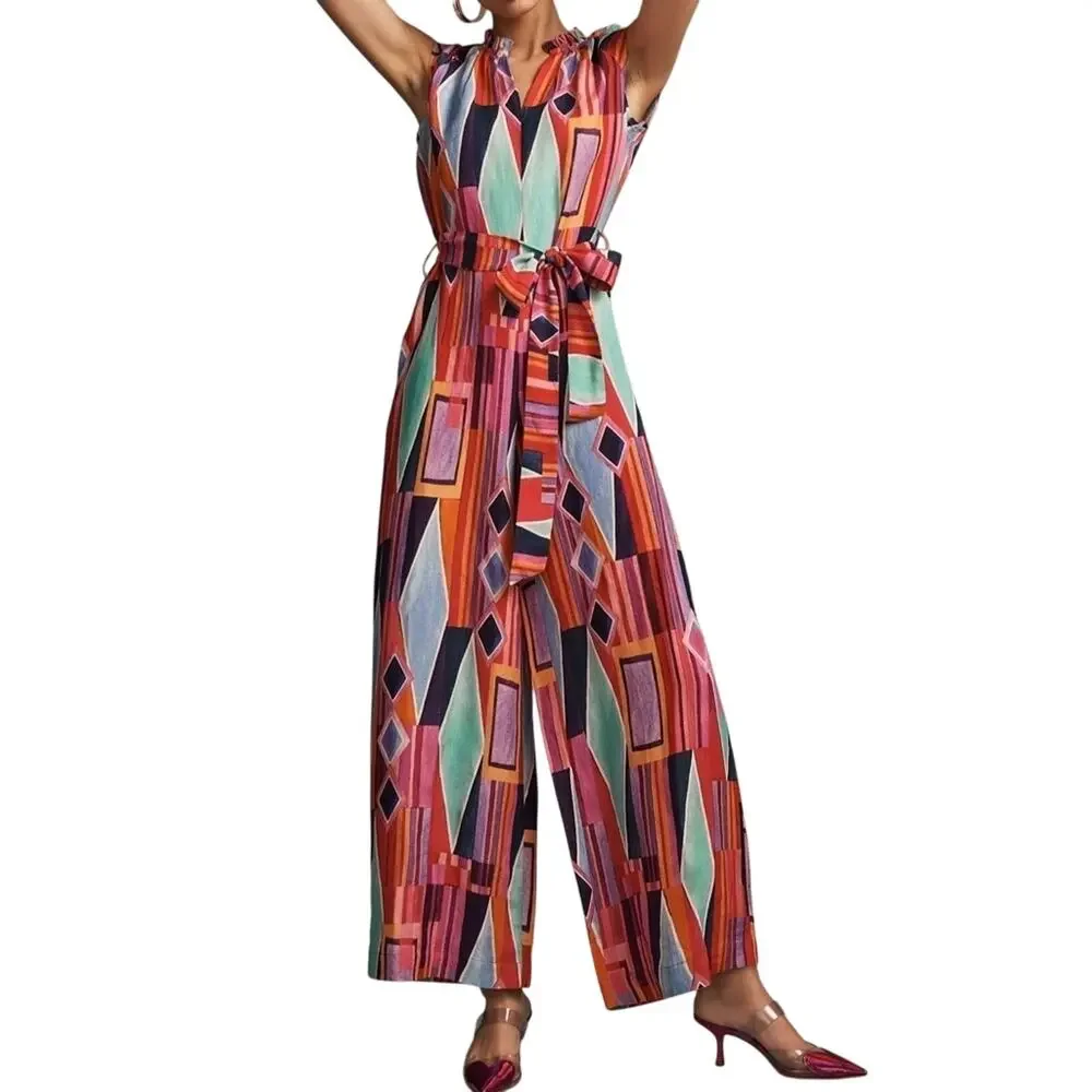 Anthropologie Ranna Gill Ruffle V Neck Wide Leg Jumpsuit NEW